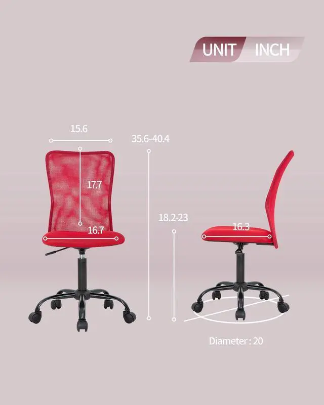 Alt view image 7 of 7 - BestOffice Ergonomic Office Chair Desk Chair Mesh Computer Chair Armless Back Support Modern Executive Rolling Swivel Chair with Lumbar Support(Red)