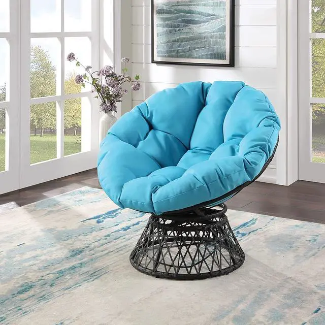 Alt view image 2 of 7 - OSP Home Furnishings Wicker Papasan Chair with 360-Degree Swivel, Grey Frame with Blue Cushion