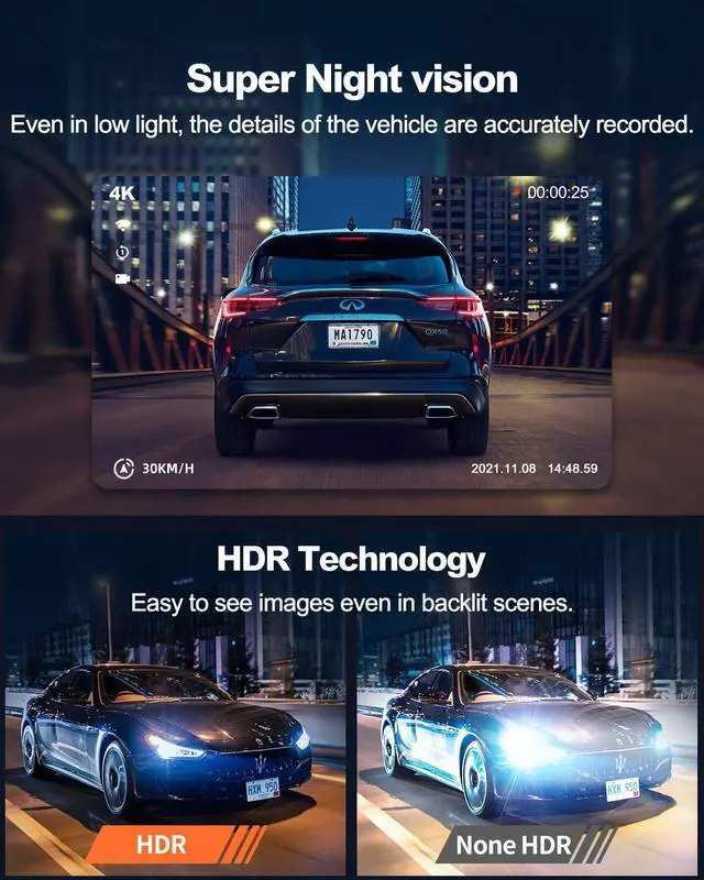 Alt view image 3 of 7 - Dual Dash Cam 5G WiFi GPS, Real 4K+HDR 1080P Dash Cam Front and Rear, 3.3 Inch Eye-Care Screen, Super HDR Night Vision, Parking Mode, Dash Camera for Cars with App, G-Sensor, Support 512GB Max