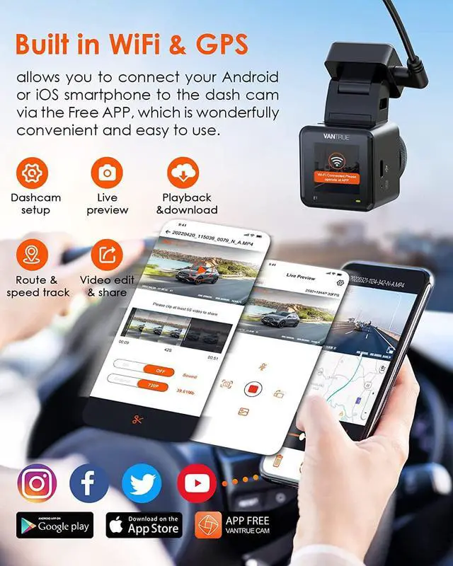 Alt view image 6 of 7 - 2.5K WiFi Mini Dash Cam with Voice Control, Vantrue E1 GPS Front Car Dash Camera, 24Hours Parking Mode, Sony Night Vision, Wireless Control, Buffered Motion Detection, Support 512GB Max