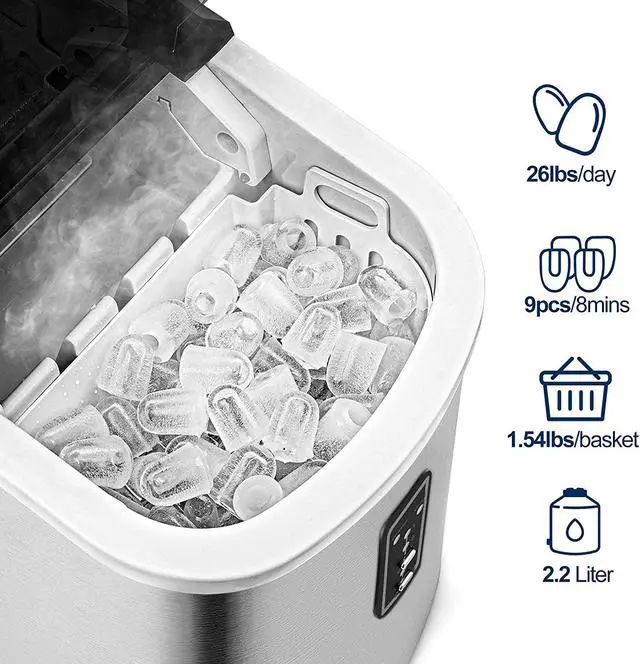 Alt view image 2 of 6 - Ice Maker Machine Countertop, 26 lbs in 24 Hours, 9 Cubes Ready in 8 Mins, Electric ice maker and Compact potable ice maker with Ice Scoop and Basket. Perfect for Home/Kitchen/Office.(Sliver)