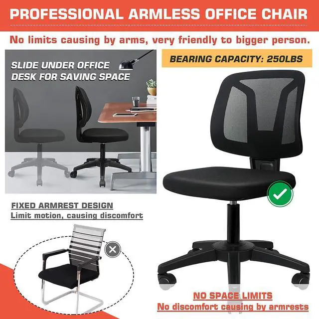 Alt view image 7 of 7 - VigorPow Armless Mesh Office Chair Ergonomic Swivel Black Small Computer Desk Chair No Arms with Lumbar Support Height Adjustable Task Chair for Adults and Kids, Welcome to consult