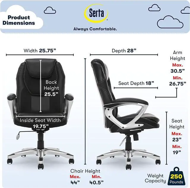 Alt view image 3 of 7 - Serta Executive Office Padded Arms, Adjustable Ergonomic Gaming Desk Chair with Lumbar Support, Faux Leather and Mesh, Black