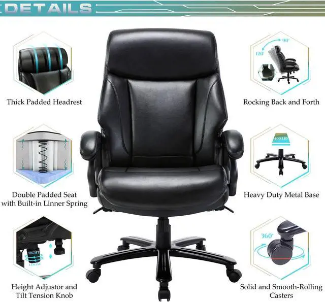 Alt view image 2 of 7 - Big and Tall Office Chair 400lbs-Heavy Duty Executive Desk Chair with Extra Wide Seat, High Back Ergonomic Leather Computer Chair with Tilt Rock&Tension, Padded Armrests-Black