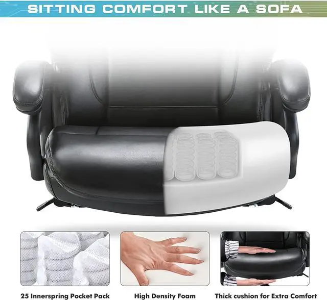 Alt view image 3 of 7 - Big and Tall Office Chair 400lbs-Heavy Duty Executive Desk Chair with Extra Wide Seat, High Back Ergonomic Leather Computer Chair with Tilt Rock&Tension, Padded Armrests-Black
