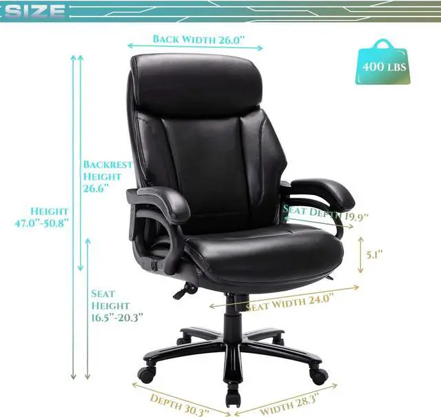 Alt view image 4 of 7 - Big and Tall Office Chair 400lbs-Heavy Duty Executive Desk Chair with Extra Wide Seat, High Back Ergonomic Leather Computer Chair with Tilt Rock&Tension, Padded Armrests-Black