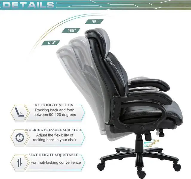 Alt view image 5 of 7 - Big and Tall Office Chair 400lbs-Heavy Duty Executive Desk Chair with Extra Wide Seat, High Back Ergonomic Leather Computer Chair with Tilt Rock&Tension, Padded Armrests-Black