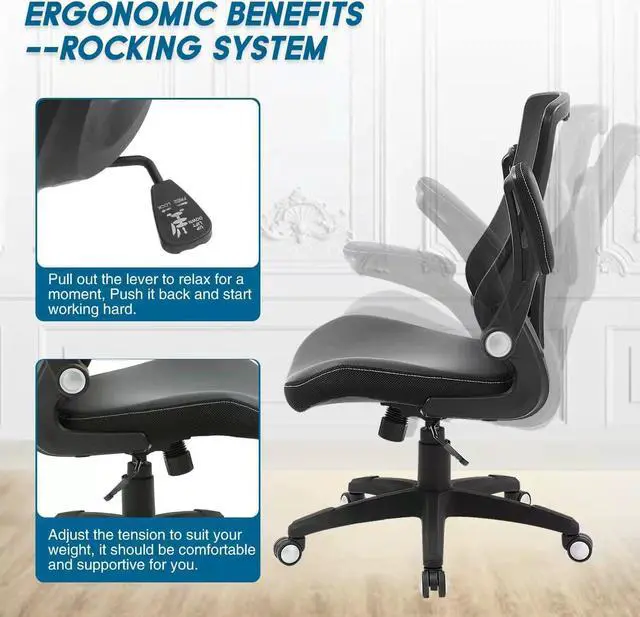 Alt view image 6 of 7 - Office Chair Ergonomic Desk Chair, Computer PU Leather Home Office Chair, Swivel Mesh Back Adjustable Lumbar Support Flip-up Arms Executive Task Chair