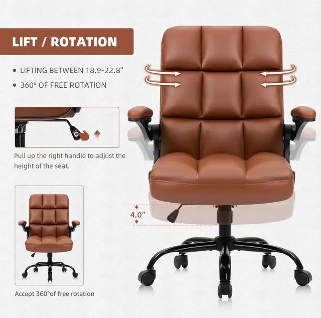 Alt view image 5 of 7 - SEATZONE Home Office Chair Ergonomic Desk Executive Chair Computer Task Chair, Rolling Swivel Chair with Arms,Brown