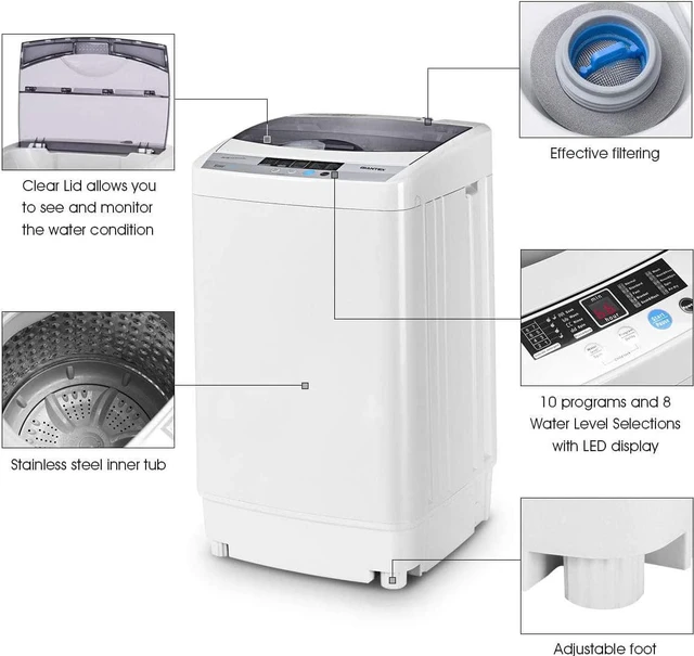 Alt view image 4 of 7 - Giantex Full-Automatic Washing Machine Portable Compact 1.34 Cu.ft Laundry Washer Spin with Drain Pump, 10 programs 8 Water Level Selections with LED Display 12 Lbs Capacity