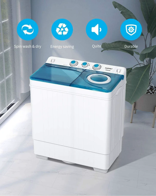 Alt view image 2 of 7 - Compact Twin Tub Portable Mini Washing Machine 26lbs Capacity, Washer(18lbs)&Spiner(8lbs)/Built-in Drain Pump/Semi-Automatic (White&Blue)