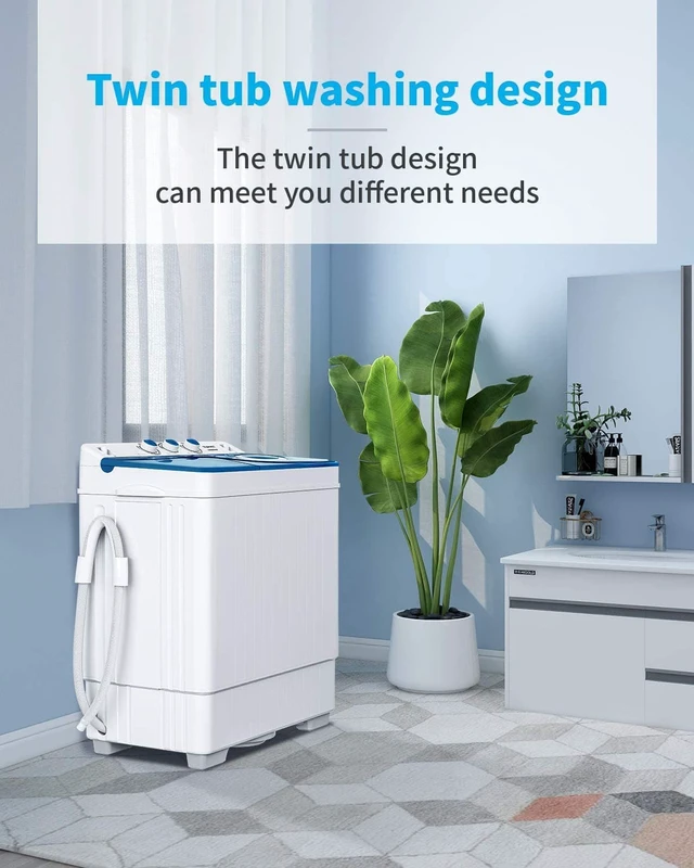 Alt view image 3 of 7 - Compact Twin Tub Portable Mini Washing Machine 26lbs Capacity, Washer(18lbs)&Spiner(8lbs)/Built-in Drain Pump/Semi-Automatic (White&Blue)