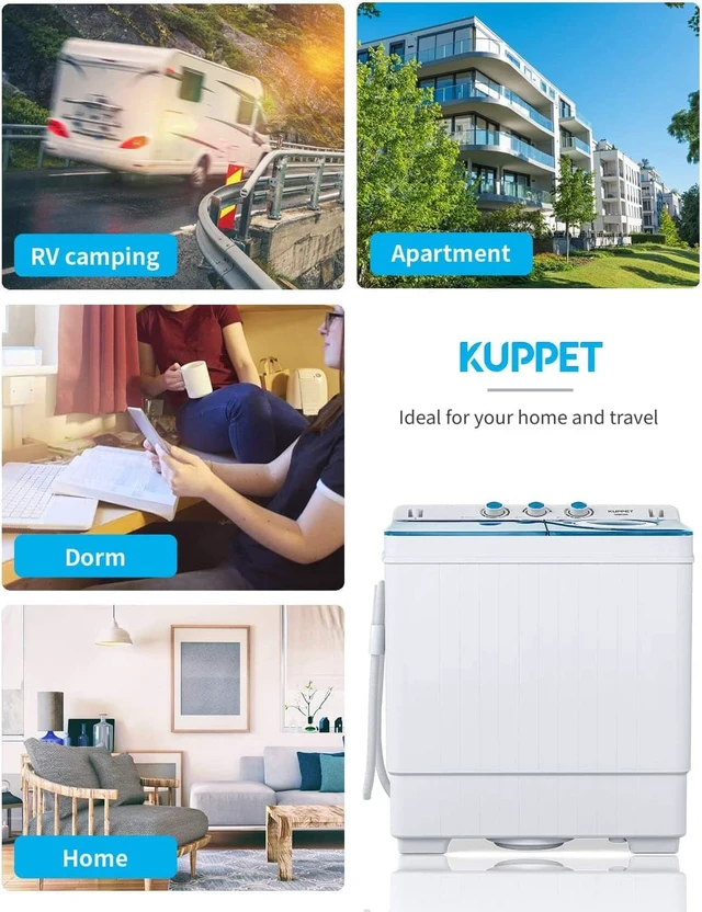 Alt view image 4 of 7 - Compact Twin Tub Portable Mini Washing Machine 26lbs Capacity, Washer(18lbs)&Spiner(8lbs)/Built-in Drain Pump/Semi-Automatic (White&Blue)