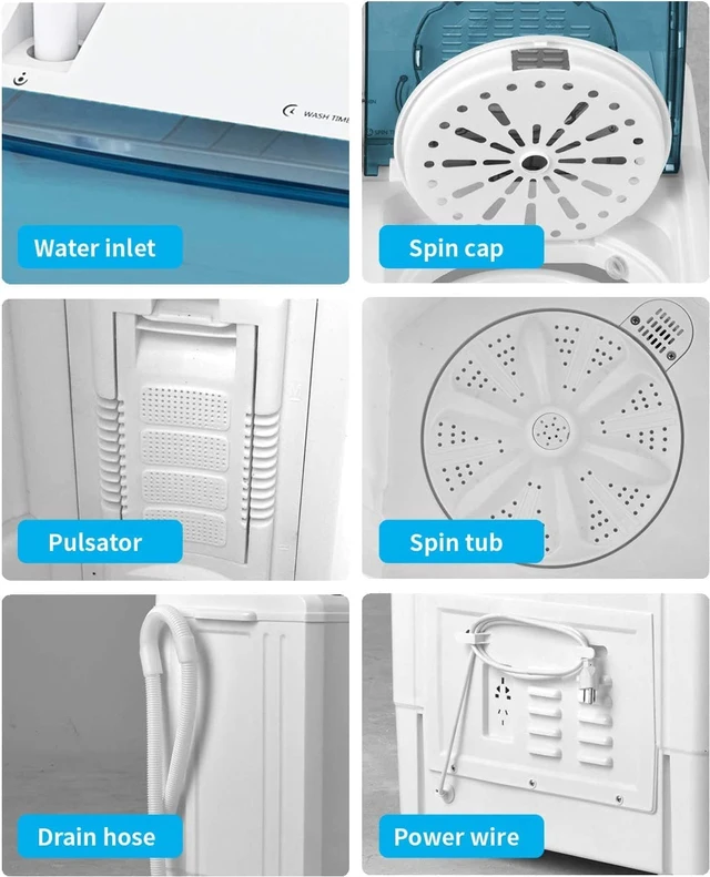 Alt view image 6 of 7 - Compact Twin Tub Portable Mini Washing Machine 26lbs Capacity, Washer(18lbs)&Spiner(8lbs)/Built-in Drain Pump/Semi-Automatic (White&Blue)