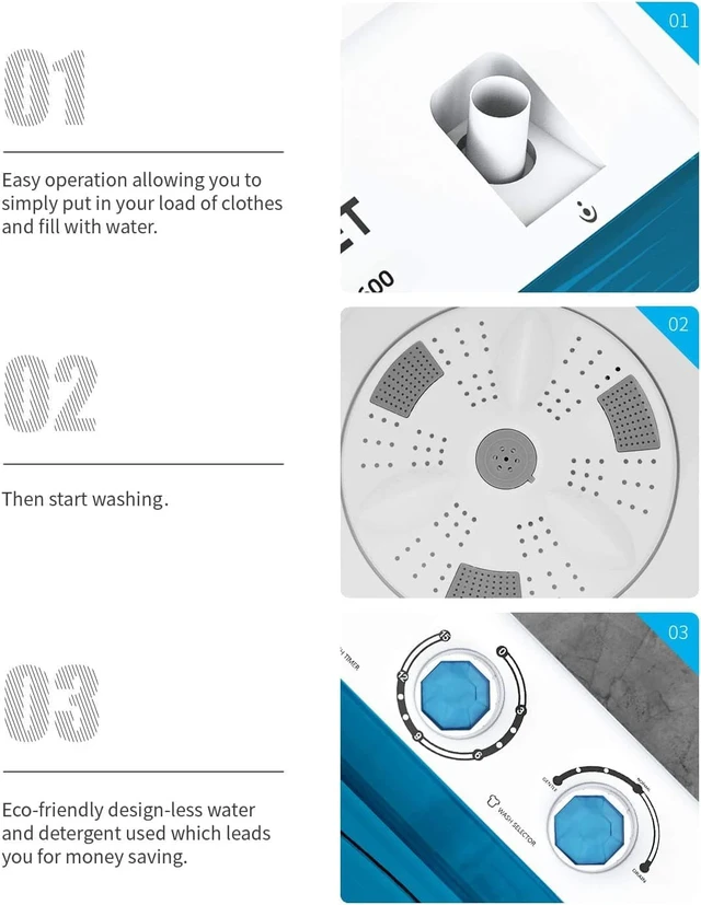 Alt view image 7 of 7 - Compact Twin Tub Portable Mini Washing Machine 26lbs Capacity, Washer(18lbs)&Spiner(8lbs)/Built-in Drain Pump/Semi-Automatic (White&Blue)