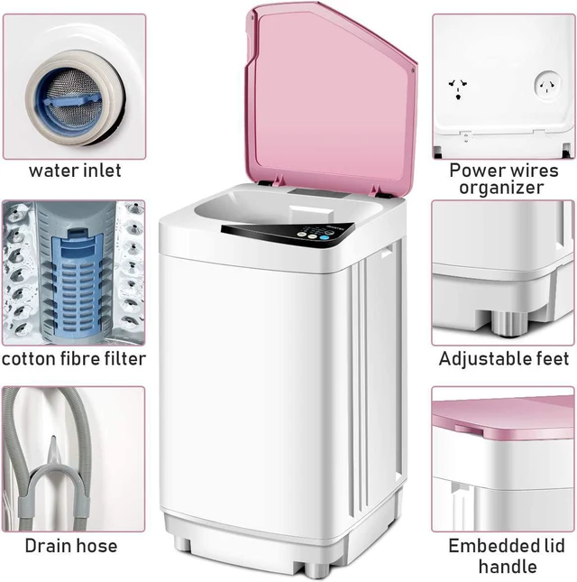 Alt view image 6 of 7 - Giantex Full-Automatic Washing Machine Portable Washer and Spin Dryer 7.7 lbs Capacity Compact Laundry Washer with Built-in Barrel Light Drain Pump and Long Hose for Apartments Camping (White & Pink)