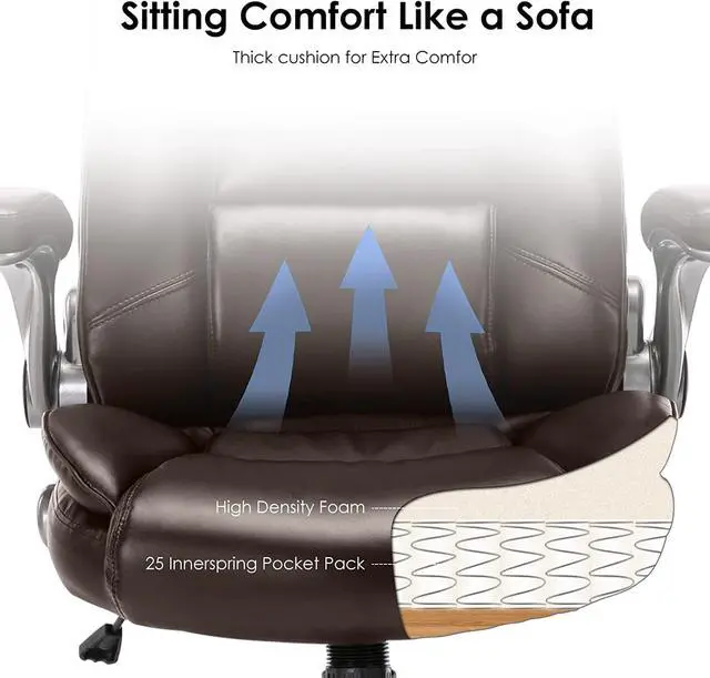 Alt view image 4 of 7 - Executive Office Chair High Back-Ergonomic Desk Chair Bonded Leather Computer Chair with Flip-up Arms, Adjustable Tilt Tension, Padded Armrests, Swivel Rolling Home Office Desk Chair-Brown, 300lbs