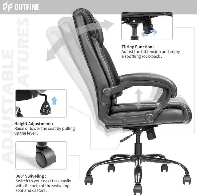 Alt view image 6 of 7 - Office Chair Executive Office Chair Desk Chair Computer Chair with 5-Year hydrolysis-Resistant Leather Spring Cushion Ergonomic Support Tilting Function Upholstered in Bonded Leather Black