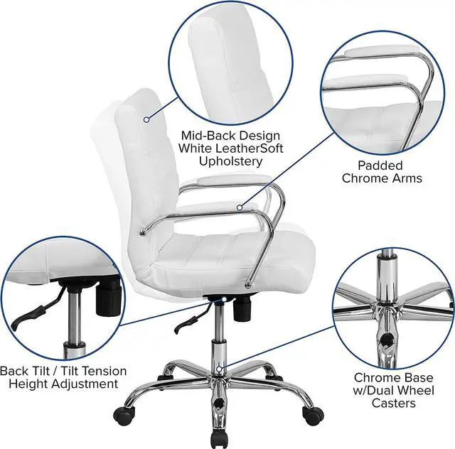 Alt view image 4 of 7 - Flash Furniture Whitney Mid-Back Swivel LeatherSoft Desk Chair with Padded Seat and Armrests, Adjustable Height Padded Office Chair, White/Chrome