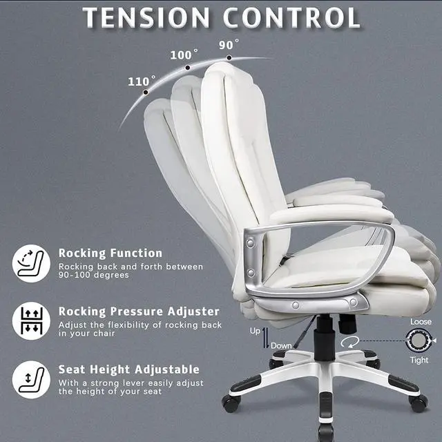 Alt view image 6 of 7 - Office Desk Chair, Big and Tall Managerial Executive Chair, High Back Computer Chair, Ergonomic Adjustable Height PU Leather Chairs with Cushions Armrest for Long Time Sitting (White)