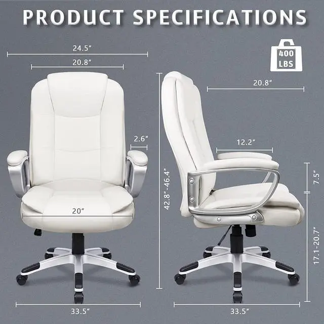 Alt view image 7 of 7 - Office Desk Chair, Big and Tall Managerial Executive Chair, High Back Computer Chair, Ergonomic Adjustable Height PU Leather Chairs with Cushions Armrest for Long Time Sitting (White)