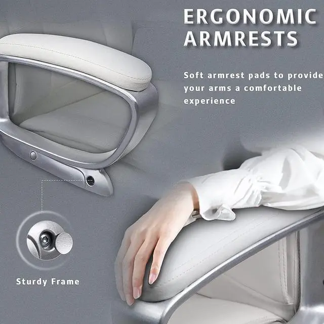 Alt view image 5 of 7 - Office Desk Chair, Big and Tall Managerial Executive Chair, High Back Computer Chair, Ergonomic Adjustable Height PU Leather Chairs with Cushions Armrest for Long Time Sitting (White)