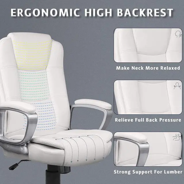 Alt view image 3 of 7 - Office Desk Chair, Big and Tall Managerial Executive Chair, High Back Computer Chair, Ergonomic Adjustable Height PU Leather Chairs with Cushions Armrest for Long Time Sitting (White)