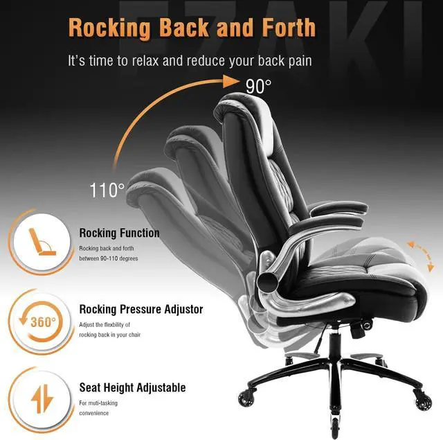 Alt view image 4 of 7 - High Back Office Chair- Flip Arms Adjustable Built-in Lumbar Support, Executive Computer Desk Chair Work Chairs, Thick Padded Strong Metal Base Quiet Wheels, Ergonomic Design for Back Pain
