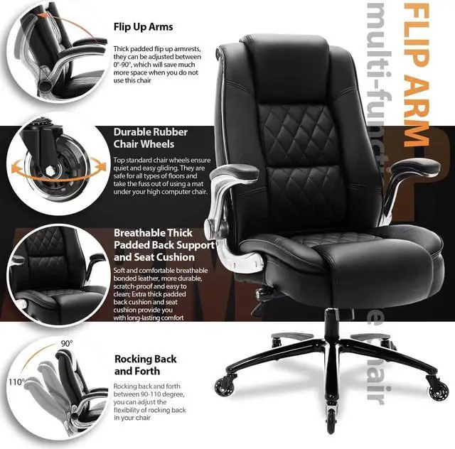 Alt view image 5 of 7 - High Back Office Chair- Flip Arms Adjustable Built-in Lumbar Support, Executive Computer Desk Chair Work Chairs, Thick Padded Strong Metal Base Quiet Wheels, Ergonomic Design for Back Pain