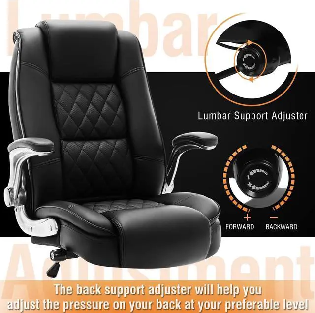 Alt view image 3 of 7 - High Back Office Chair- Flip Arms Adjustable Built-in Lumbar Support, Executive Computer Desk Chair Work Chairs, Thick Padded Strong Metal Base Quiet Wheels, Ergonomic Design for Back Pain
