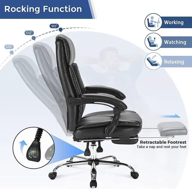 Alt view image 4 of 7 - Executive Office Chair, Ergonomic Big and Tall Leather Swivel Rolling Managerial Reclining Computer Desk Task Chair, Adjustable High Back Recliner Chair with Padded Armrests and Retractable Footrest
