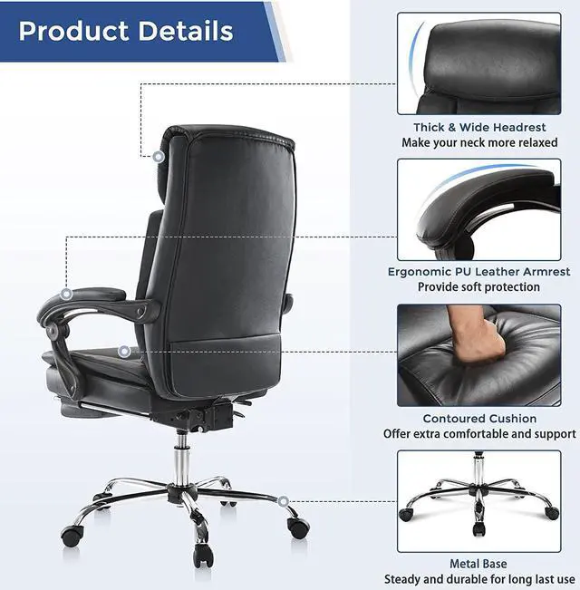Alt view image 7 of 7 - Executive Office Chair, Ergonomic Big and Tall Leather Swivel Rolling Managerial Reclining Computer Desk Task Chair, Adjustable High Back Recliner Chair with Padded Armrests and Retractable Footrest