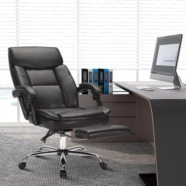 Alt view image 2 of 7 - Executive Office Chair, Ergonomic Big and Tall Leather Swivel Rolling Managerial Reclining Computer Desk Task Chair, Adjustable High Back Recliner Chair with Padded Armrests and Retractable Footrest