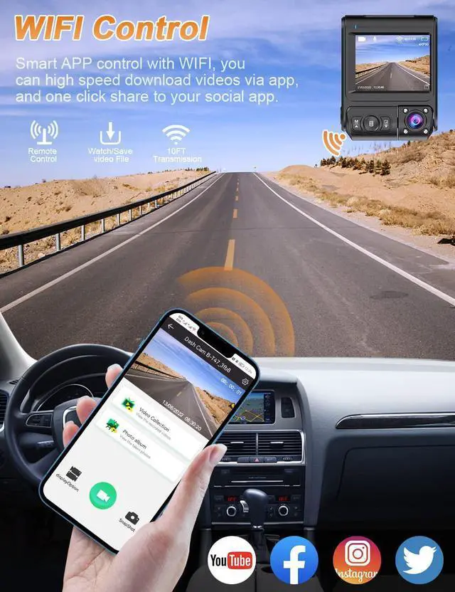 Alt view image 4 of 6 - 4K Dual Dash Cam, with WiFi GPS, Otovoda Dash Cam Front and Inside, 4K Front/2K Front/1080P Front+1080P Inside, Dual Dash Camera for Cars with Super Night Vision, Park
