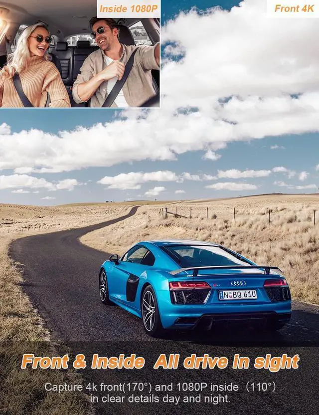 Alt view image 2 of 6 - 4K Dual Dash Cam, with WiFi GPS, Otovoda Dash Cam Front and Inside, 4K Front/2K Front/1080P Front+1080P Inside, Dual Dash Camera for Cars with Super Night Vision, Park