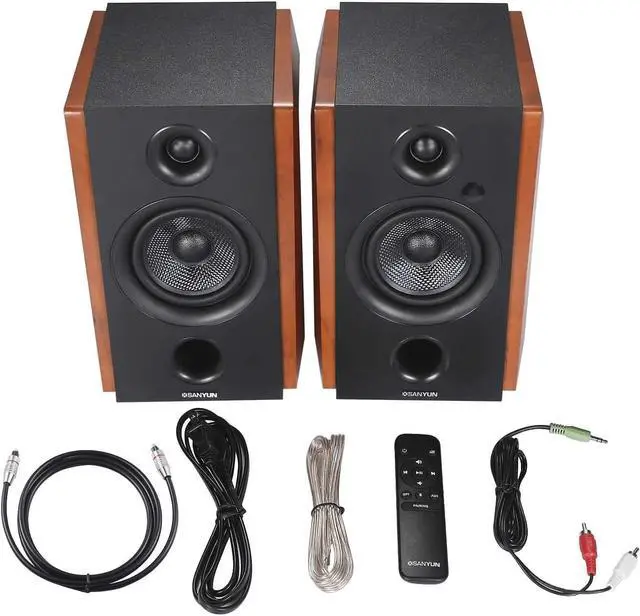 Alt view image 5 of 7 - Sanyun SW228BT 80W Active Bookshelf Speakers  4Inch Carbon Fiber Speaker Unit - Wireless Studio Monitors - Optical RCA Coaxial Bluetooth 5.0- Built-in 24bit DAC - Wooden Enclosure (Upgraded)