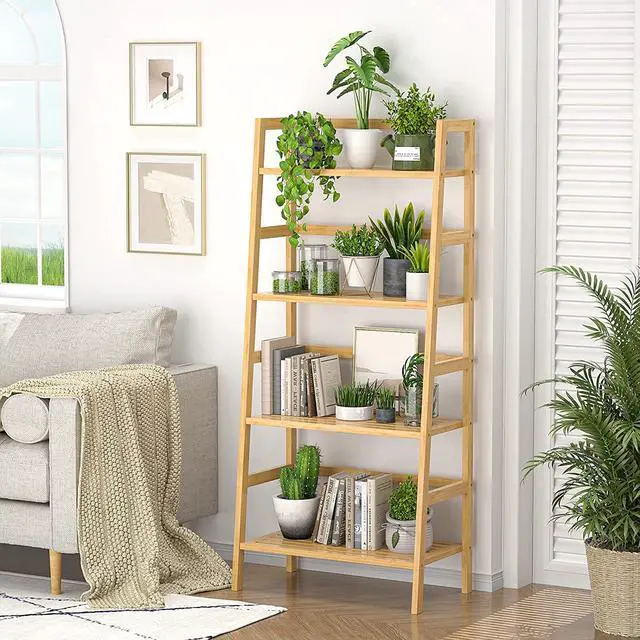 Alt view image 2 of 7 - Homykic Bamboo Bookshelf 4-Tier Ladder Shelf, 49.2 Freestanding Open Bookcase Book Shelf Bathroom Storage Shelf Unit Plant Stand for Small Space, Bedroom, Living Room, Home Office, Natural