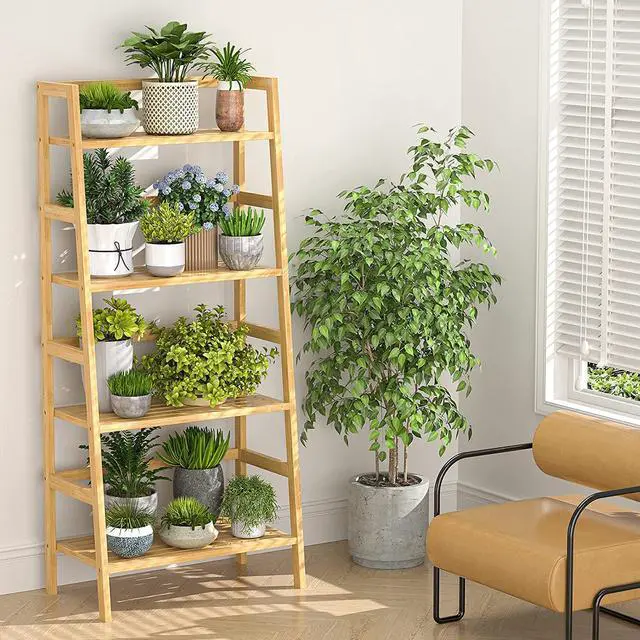 Alt view image 7 of 7 - Homykic Bamboo Bookshelf 4-Tier Ladder Shelf, 49.2 Freestanding Open Bookcase Book Shelf Bathroom Storage Shelf Unit Plant Stand for Small Space, Bedroom, Living Room, Home Office, Natural