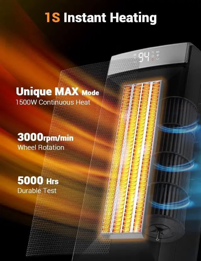 Alt view image 2 of 7 - Space Heater for Indoor Use, 1500W Fast Heating, Electric & Portable Ceramic Heaters with Thermostat, 5 Modes, 24Hrs Timer, 80°Oscillating Room Heater with Remote, Safe for Office Bedroom Use