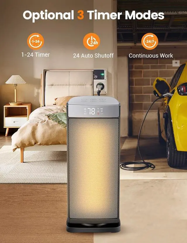 Alt view image 7 of 7 - Space Heater for Indoor Use, 1500W Fast Heating, Electric & Portable Ceramic Heaters with Thermostat, 5 Modes, 24Hrs Timer, 80°Oscillating Room Heater with Remote, Safe for Office Bedroom Use