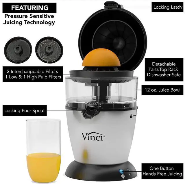 Alt view image 5 of 7 - Vinci Hands Free Electric Citrus Juicer, 1-Button Juicer Machine, Orange Lime Grapefruit Lemon Squeezer, Easy to Clean Orange Juicer Squeezer, Black/Stainless Steel