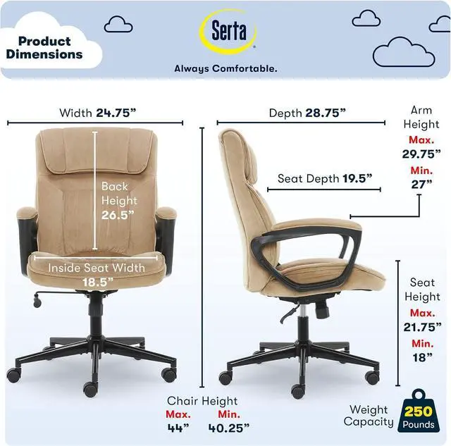 Alt view image 3 of 7 - Serta® Hannah Executive Home Office Desk Chair, Ergonomic Mid-Back with Lumbar Support, Firm Seat Cushion, Layered Body Pillows, Padded Armrests, Swivel Base, Easy Assembly, Microfiber, Beige