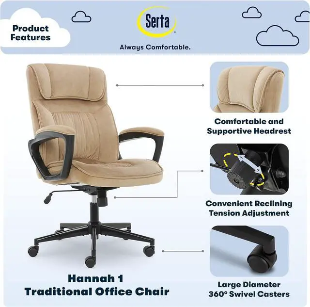 Alt view image 4 of 7 - Serta® Hannah Executive Home Office Desk Chair, Ergonomic Mid-Back with Lumbar Support, Firm Seat Cushion, Layered Body Pillows, Padded Armrests, Swivel Base, Easy Assembly, Microfiber, Beige