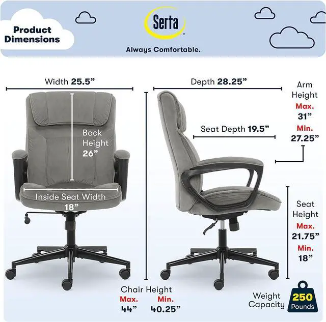 Alt view image 4 of 7 - Serta Executive Office Chair Ergonomic Computer Upholstered Layered Body Pillows, Contoured Lumbar Zone, Base, Fabric, Black/Grey