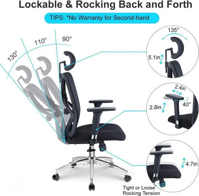 Alt view image 2 of 7 - Ergonomic Office Chair - High Back Desk Chair with Adjustable Lumbar Support, Headrest & 3D Metal Armrest - 130° Rocking Mesh Computer Chair