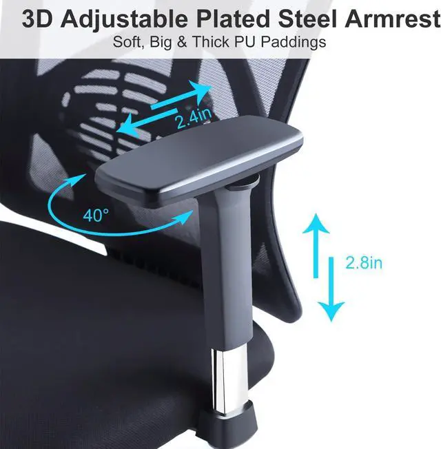Alt view image 4 of 7 - Ergonomic Office Chair - High Back Desk Chair with Adjustable Lumbar Support, Headrest & 3D Metal Armrest - 130° Rocking Mesh Computer Chair