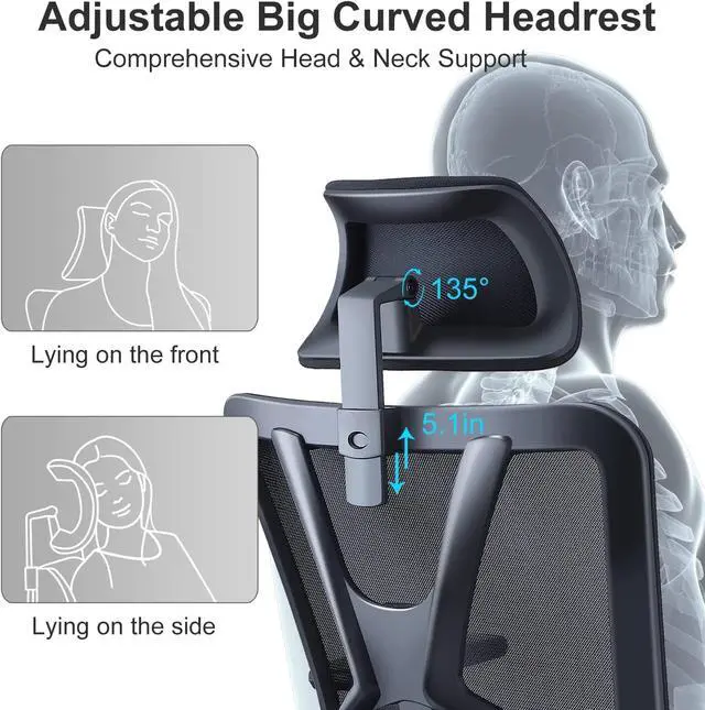 Alt view image 6 of 7 - Ergonomic Office Chair - High Back Desk Chair with Adjustable Lumbar Support, Headrest & 3D Metal Armrest - 130° Rocking Mesh Computer Chair