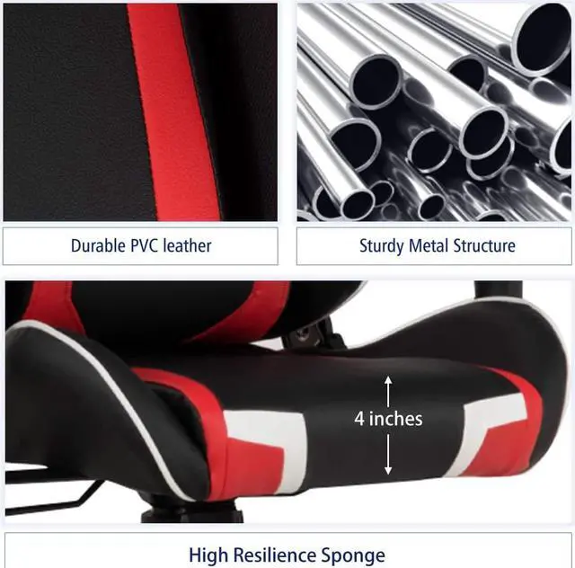 Alt view image 7 of 7 - POWERSTONE Gaming Chair - Office Computer Gaming Racing Chair with Lumbar Massager Support PU Leather Adjustable Arms Headrest High-Back Recliner Ergonomic Rolling Swivel (Red)