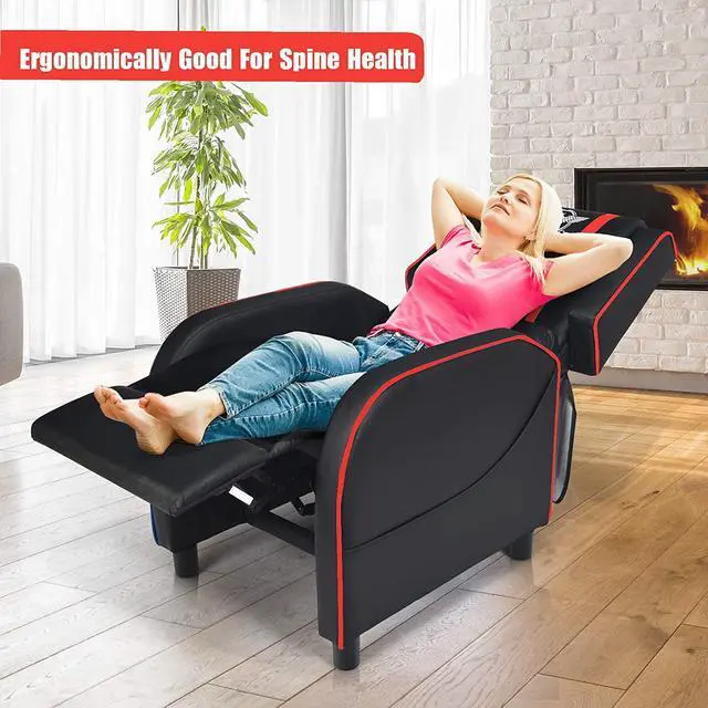 Alt view image 4 of 7 - POWERSTONE Gaming Recliner Chair, Reclining Gaming Chair Ergonomic Leather Sofa with Footrest Lumbar Support Headrest and Side Pouch for Living Room Home Theater, Red, Welcome to consult