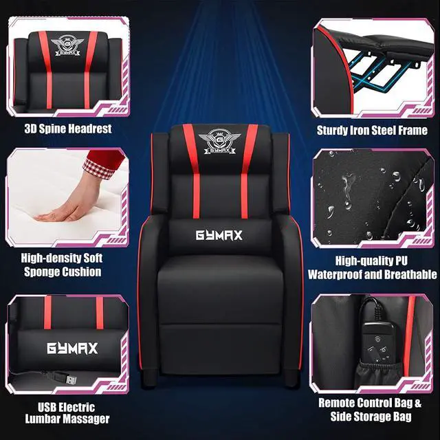 Alt view image 5 of 7 - POWERSTONE Gaming Recliner Chair, Reclining Gaming Chair Ergonomic Leather Sofa with Footrest Lumbar Support Headrest and Side Pouch for Living Room Home Theater, Red, Welcome to consult